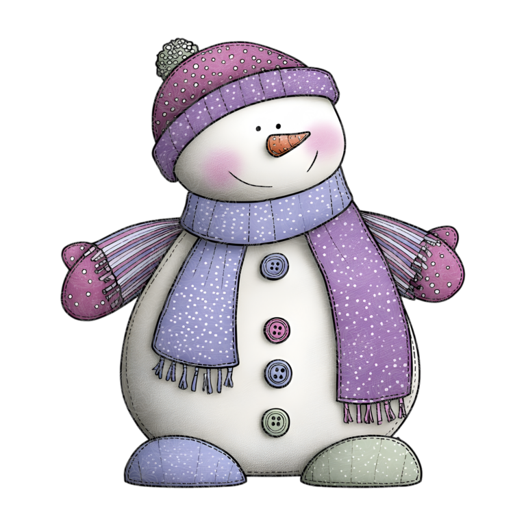 Whimsical snowman wearing purple hat scarf and mittens with colourful buttons, Grey Barn Handwerk, Saskatchewan.
